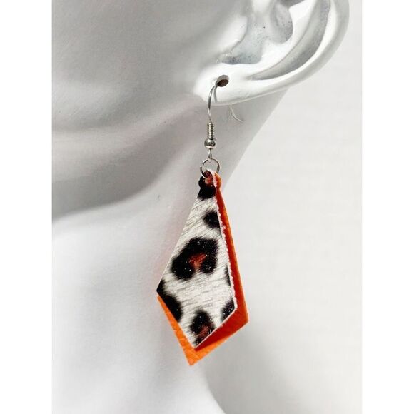 Leopard Print Vegan Leather Dangle & Crystal Round Earrings Orange Black 2 Pairs - Picture 3 of 7
